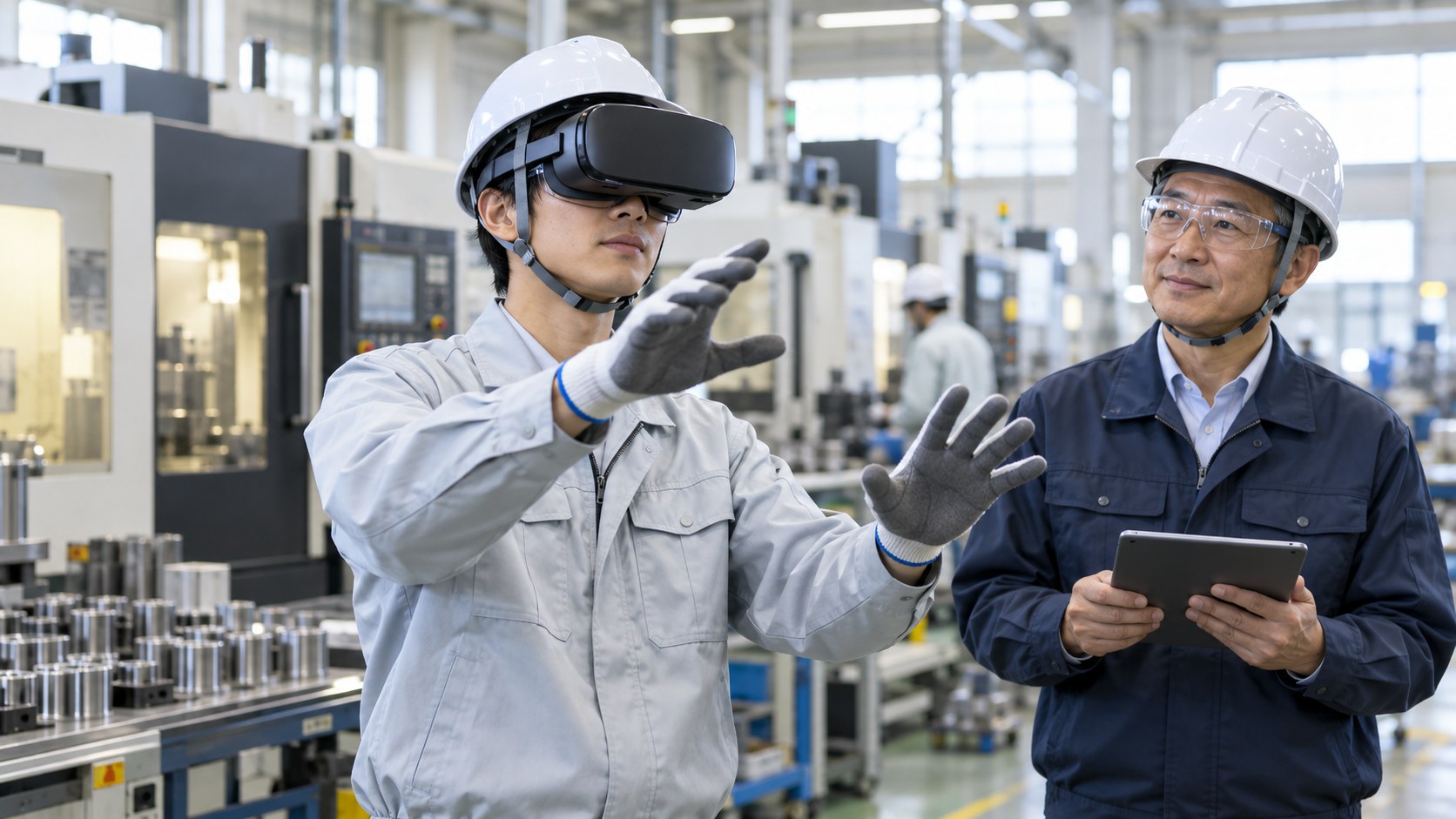 工場でVRゴーグルを着けて研修を受ける作業者と指導者